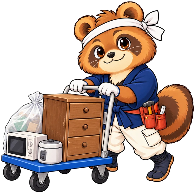 不用品の整理と搬出を手伝うよろ助のイラスト