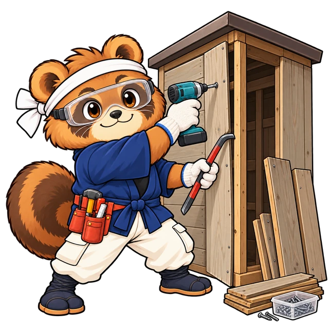 物置の解体作業をするよろ助のイラスト